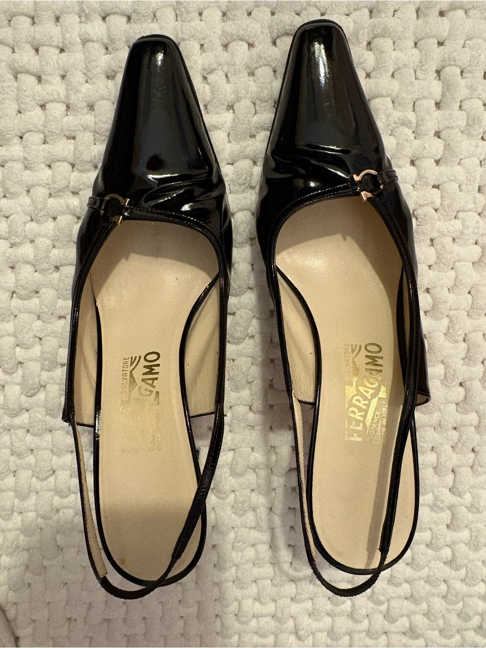 Salvatore Ferragamo Black Patent Leather Slingback Flats